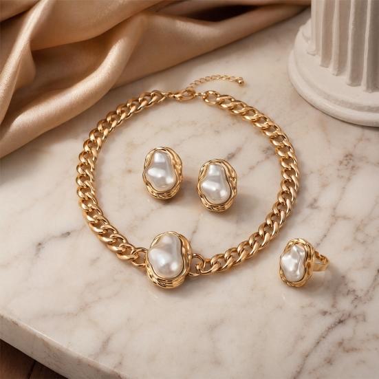 3Pcs/Set Faux Baroque Pearl Jewelry Set, Irregular Faux Pearl Necklace Stud Earrings Ring, Statement Wedding Jewelry for Women
