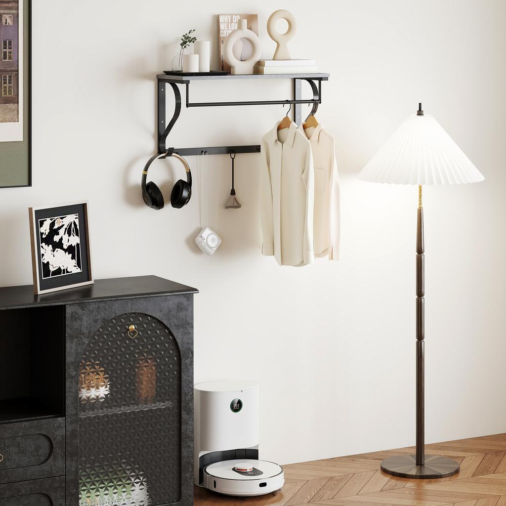 Wall-Mounted Coat Rack, Coat Hooks, 5 Hooks, Top Shelf, Versatile, Grey