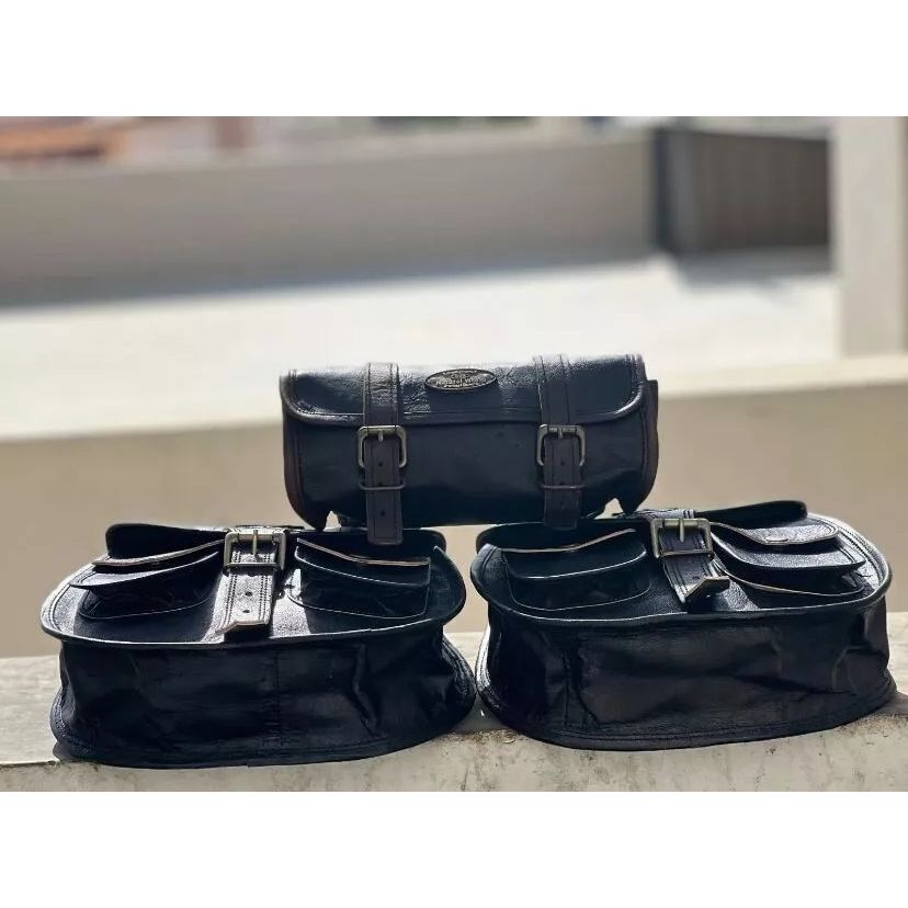 Black Leather Motorcycle Saddle Bag 3 Side Panniers Luggage Saddlebags Tool Bags