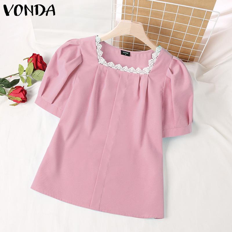 

VONDA Лето Женщины Сращивание Кружева Топы Сплошной Цвет Слой Короткие Рукава Повседневные Свободные Блузки Плюс Размер