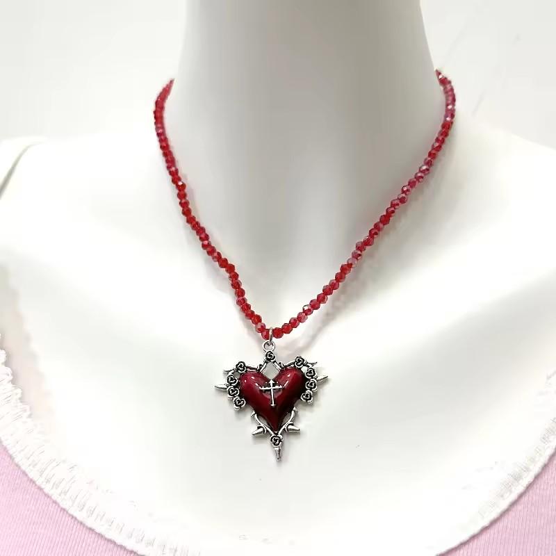 Y2K Gothic Jewelry Heart Rose Cross Pendant Black Beaded Chain Rivet Necklace For Women Men Punk Vintage Grunge Neck Accessories