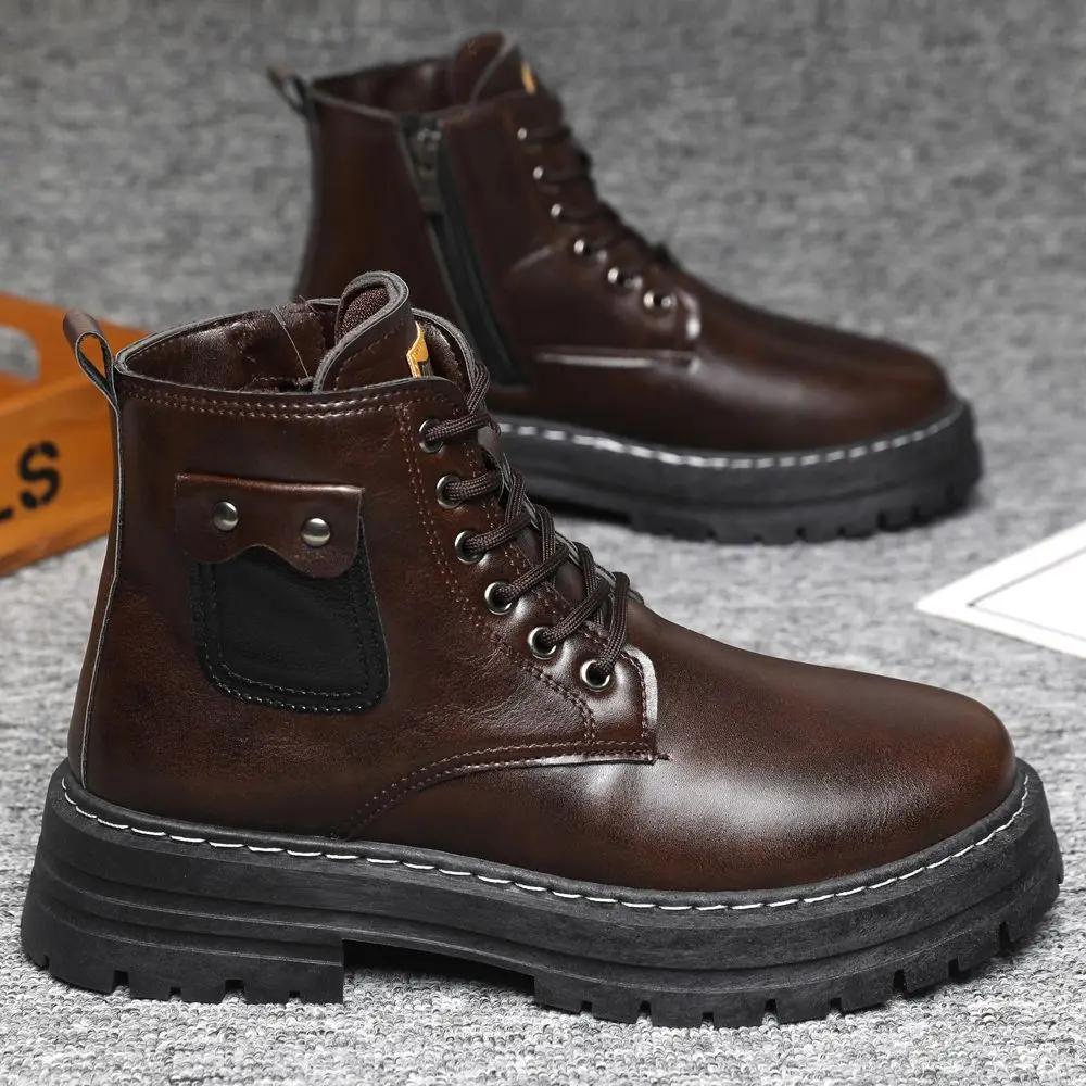 Men's High Top Winter Warm Lined Genuine Leather Cotton Boots Thick Sole Height Increasing English Workwear Anti Slip Snow Boots