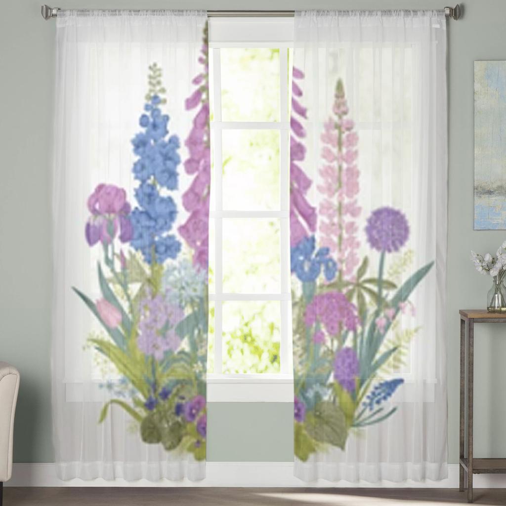 Garden Summer Flowers Sheer Curtains For Living Room Window Transparent Voile Tulle Curtain Bedroom Drapes Home Decor