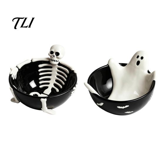 Decorative Resin Tray Halloween Skeleton Lounging Tidbit Serveware, 3D Relief Candy Bowl for Gothic Kitchenware Snacks Dips, Creative Party