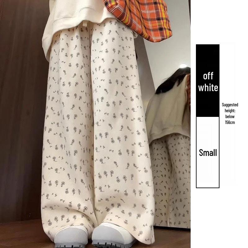 Petite White Floral Wide-Leg Women's Sweatpants: New Loose Casual Straight-Leg Pants for Spring, Summer, Autumn 2025