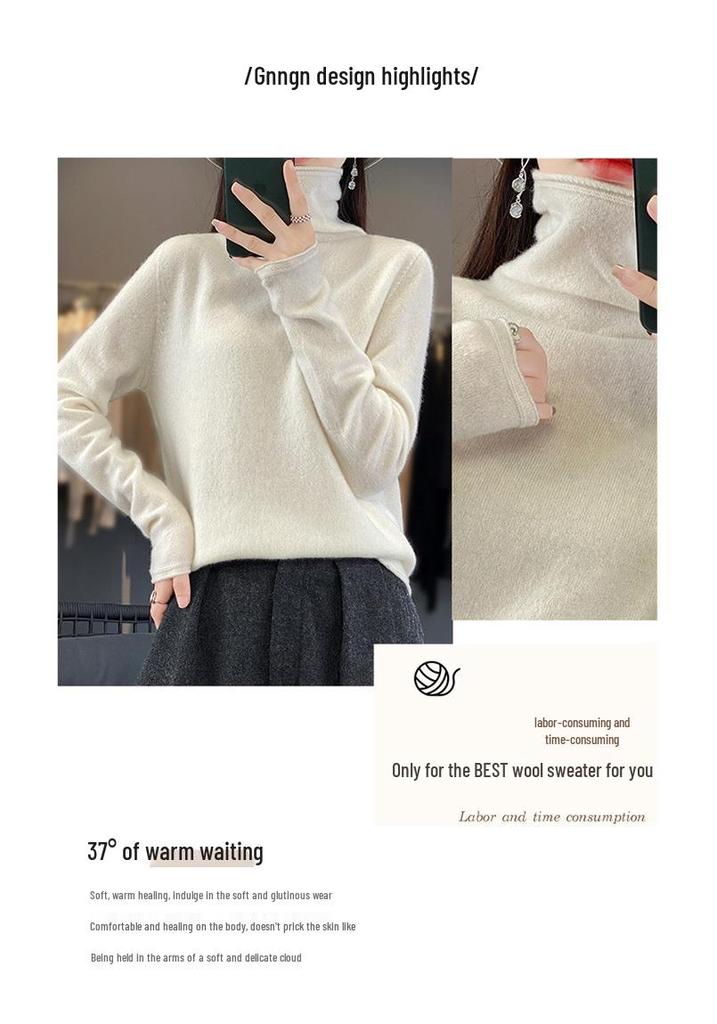 Women's Plus Size Mock Neck Wool Sweater: Soft, Skin-Friendly, Rolled Hem, Perfect for Autumn & Winter.