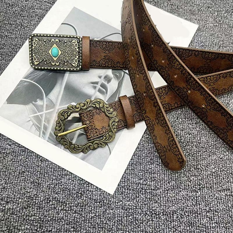 Retro Edgy Buckles Belt Adjustable Brown PU Leather Strap Embossed Belt Fashion Accessory For Women Men