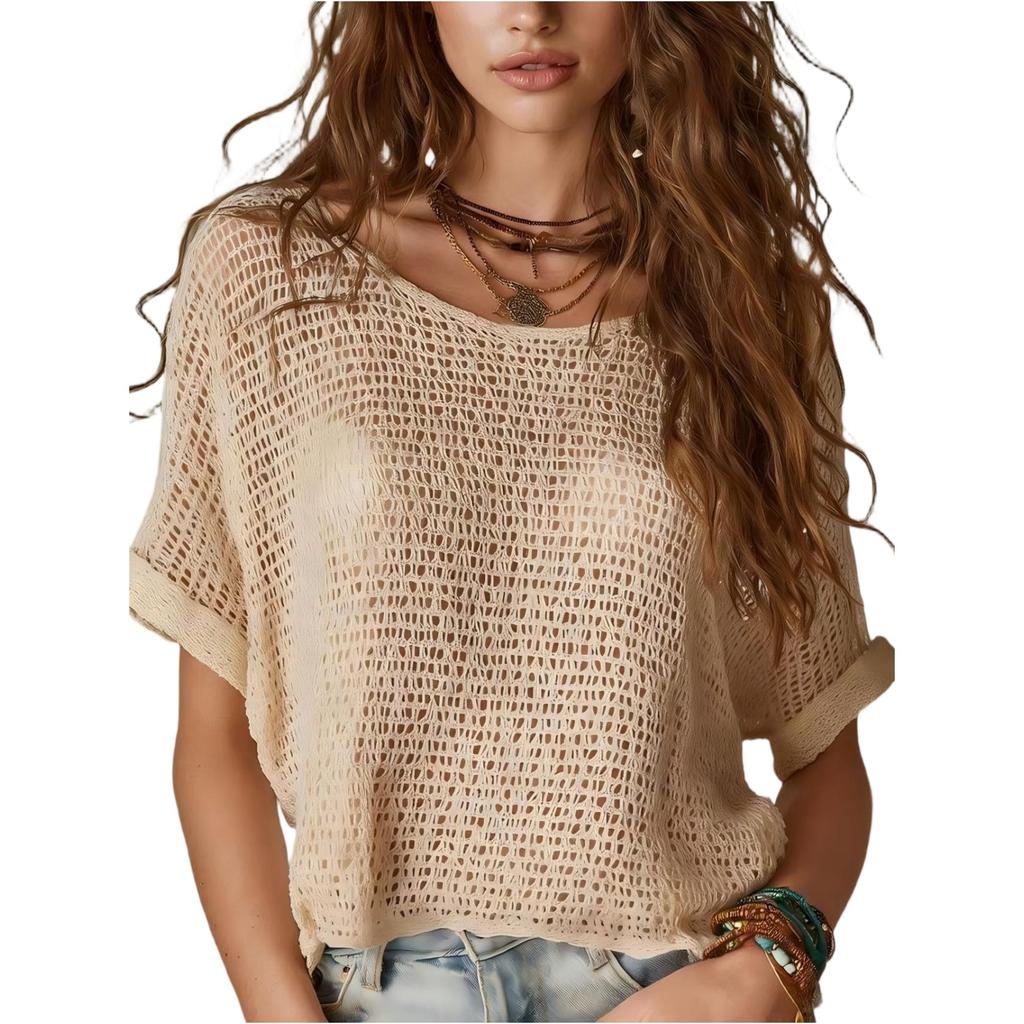 Damen Kurzarm Stricktop Leichter Sommerpullover Ausgestanzt Strand-Cover-Up Lockerer Pullover