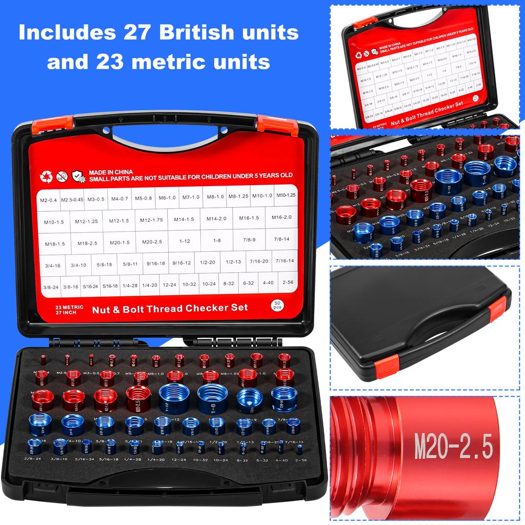 50 STÜCKE Mutter Bolzen Gewindeprüfer Grössenlehre Gewindelehre zum Erkennen von Befestigungsbolzen oder Gewindelöchern Metrisch Imperial Bolzen Mutter Lehre
