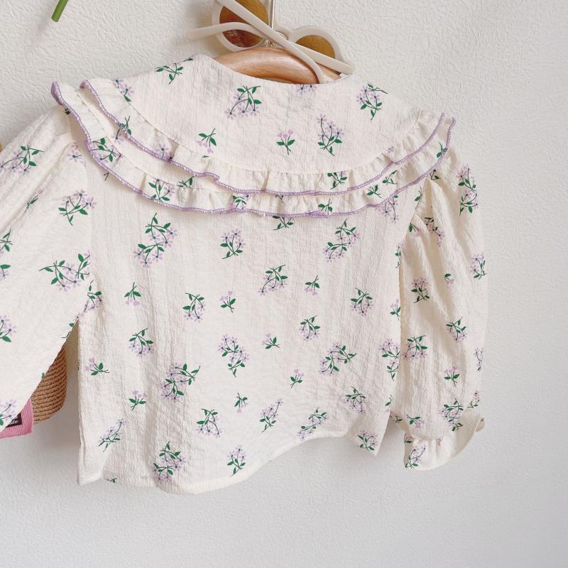 Kids Toddler Clothes Spring Girls Cute Sweet Casual Style Long Sleeve Floral Doll Collar Shirt + Bow Jeans Two Pieces Set