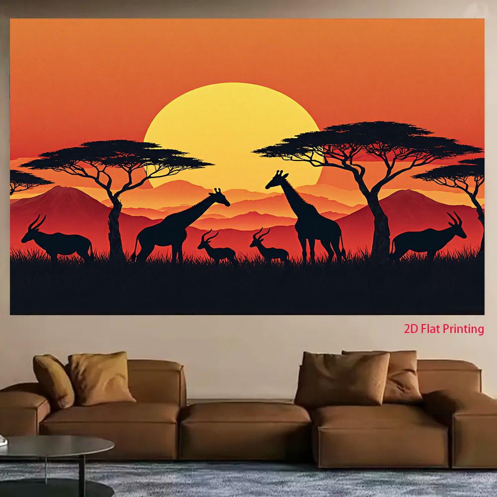 A 2D flat item 1 piece. Its feature is the silhouette of African grassland animals at sunset. 47.2x31.5inch/120*80cm