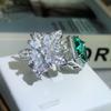 Exquisite Square Flower Ladies Opening Ring  Stamp Fashion Full Diamond Set Green Zircon Ring Party Wedding Gift