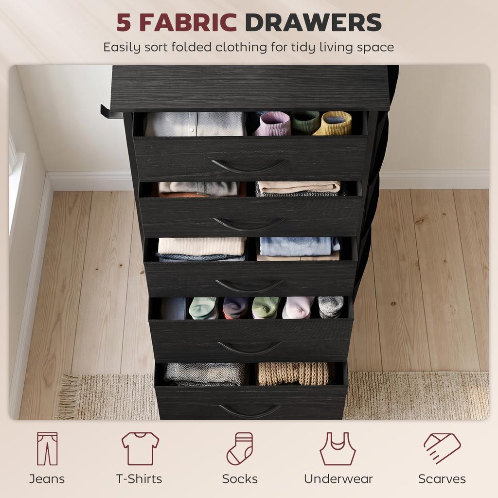 Chest of Drawers, Dresser with 5 Fabric Drawers, Tall Storage Unit with 4 Pockets and 2 Hooks, Steel Frame, Black