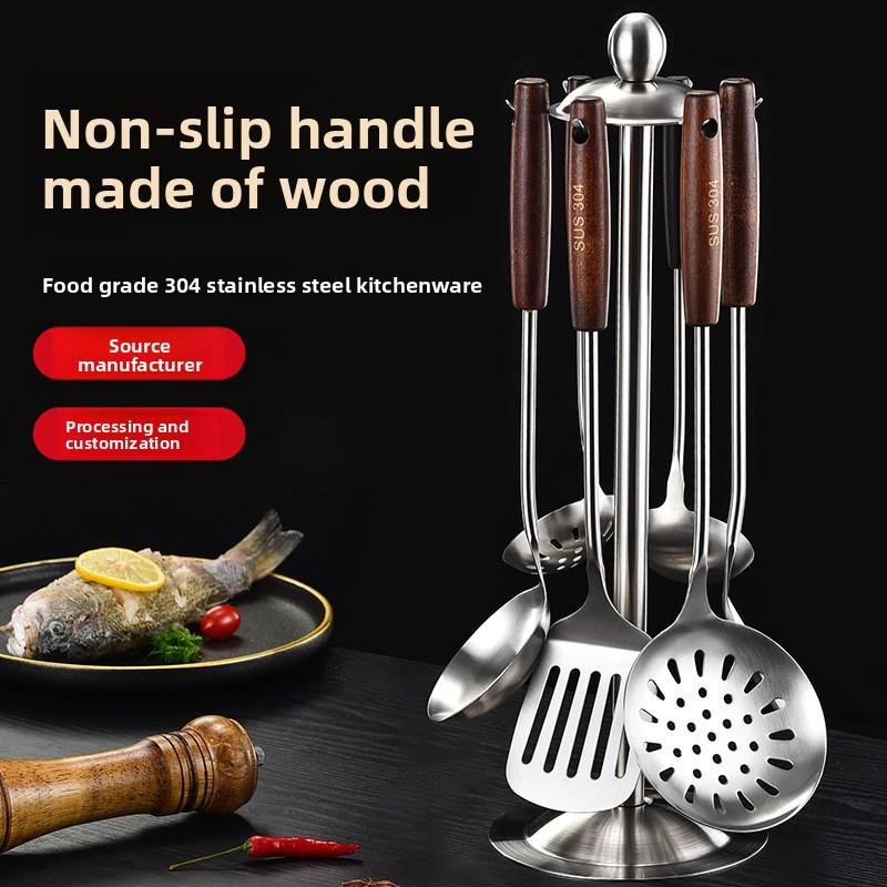 304 Stainless Steel Spatula Household Wooden Handle Utensils High Temperature Colander Shovel Kitchen Utensils Set Spoon Kitchen Utensils