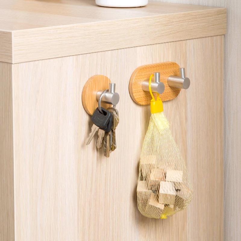 Bamboo Clothes Hook Towel Keys Adhesive Hook Stainless Steel Rustproof Coat Towel Holder Kitchen Bathroom Decorative Hanger