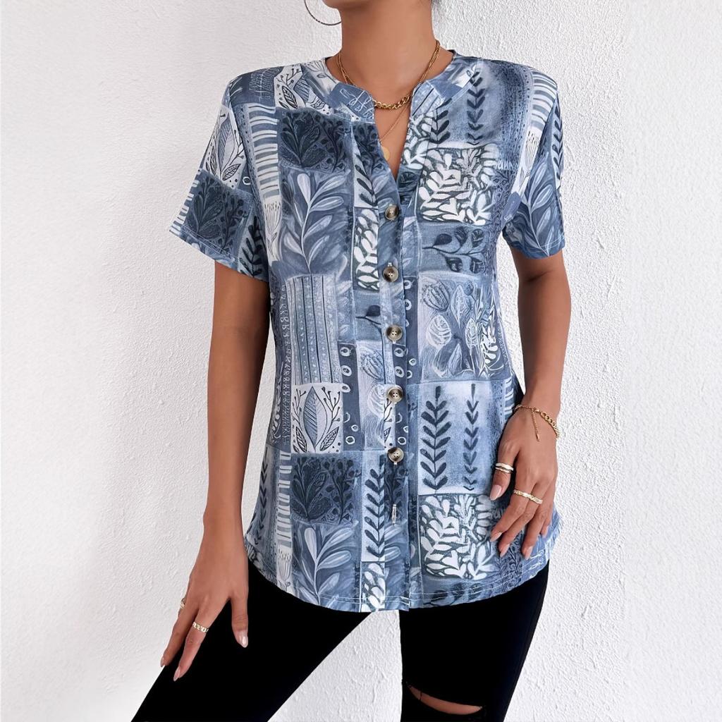 Summer Spring Women's Printed Short Sleeve Cardigan T-shirt, Fashion Casual Tops for Women, European American Style Crossbody Outwear