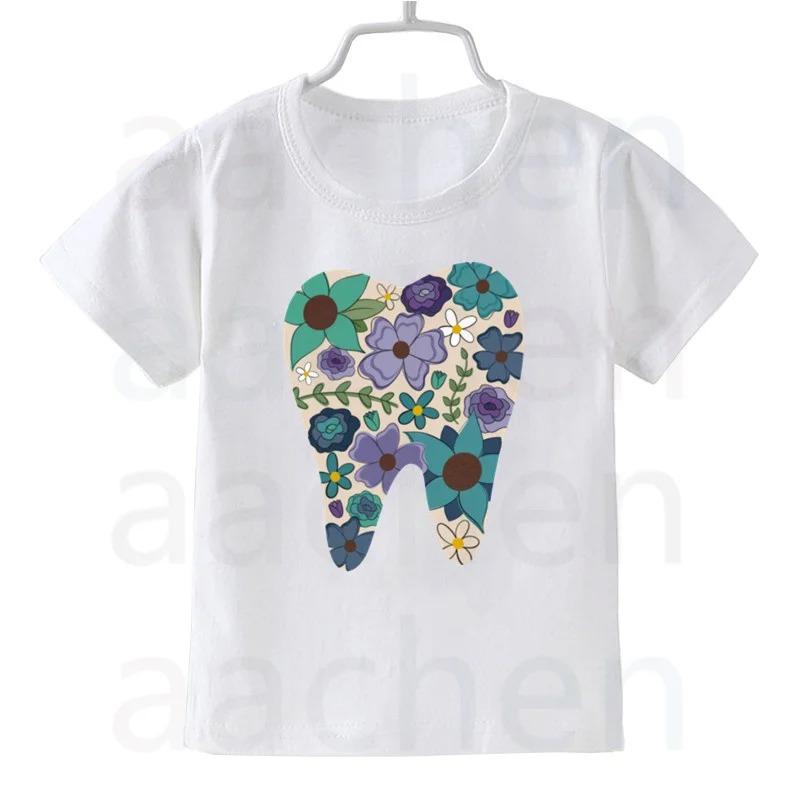 Tooth Dentist Cartoon Print Kid Cute White T Shirt Children Short Sleeve Clothing Funny Cartoon Party Top Boys and Girl Tshirt