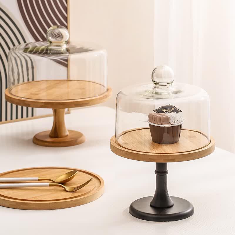 Chenxuan High-Foot Bamboo Cake Stand with Glass Dome