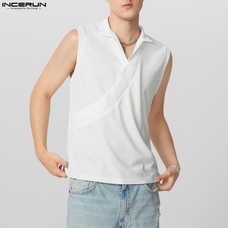 INCERUN Men Lapel V Neck Sleeveless Casual Front Cross Texture Tank Tops