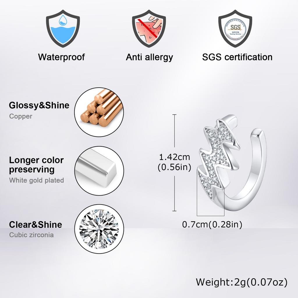 Men's Ear Bone Clip,Silver Color Zircon Lightning Clip Earring,Classic Punk Jewelry Gifts for Him