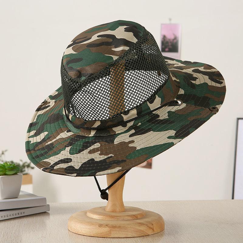 Men's Camo Mesh Sun Hat Wide Brim Breathable Bucket Hat UV Protection Outdoor Fishing Cap