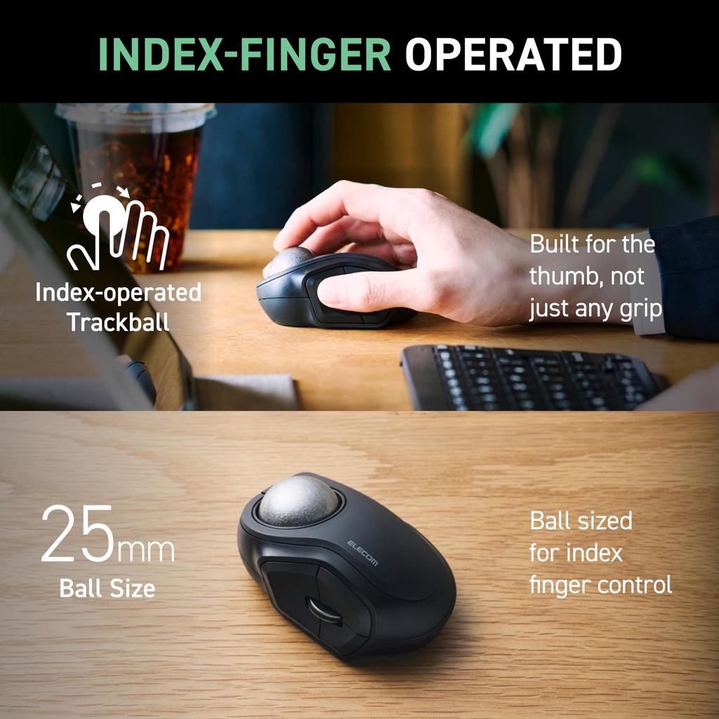 ELECOM Bitra Trackball Index Finger Bluetooth Wireless with 2 5 Includes Dedicated Storage Black Mouse, Silent, Operation, 2.4GHz, Multi-Pairing