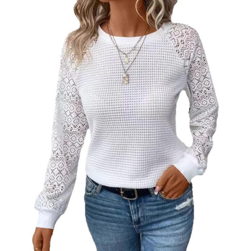 Women Solid Color Lace Long Sleeve Hollow Out Crew Neck Casual T-shirt Blouse Tops