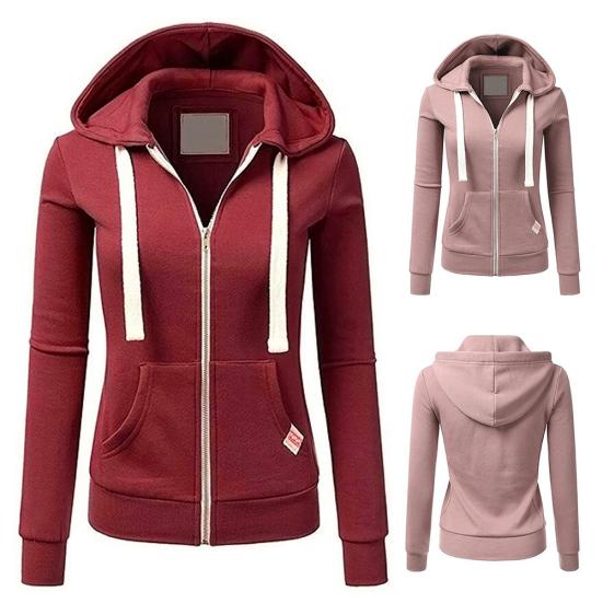 Casual Women Autumn Solid Color Long Sleeve Hoodie Pockets Zipper Sports Coat