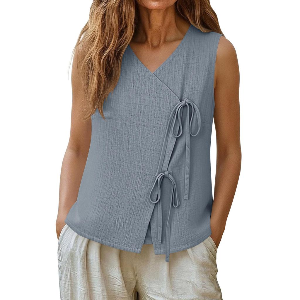 Dames Katoen Linnen Tanktops V-hals Los Casual Shirts Mouwloos Zomer Shirts Wrap Strik Shirt Camisole