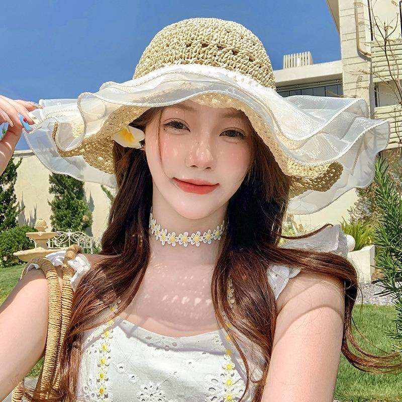 Hyunya wind colored wood beads straw hat women's summer big brim straw bucket hat foldable seaside sunshade sunscreen hat