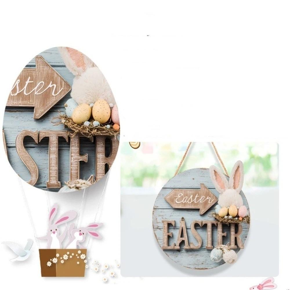 Wooden Happy Easter Door Sign Rabbit Eggs Easter Decorative Tags Hanging Wood Sign  Wall
