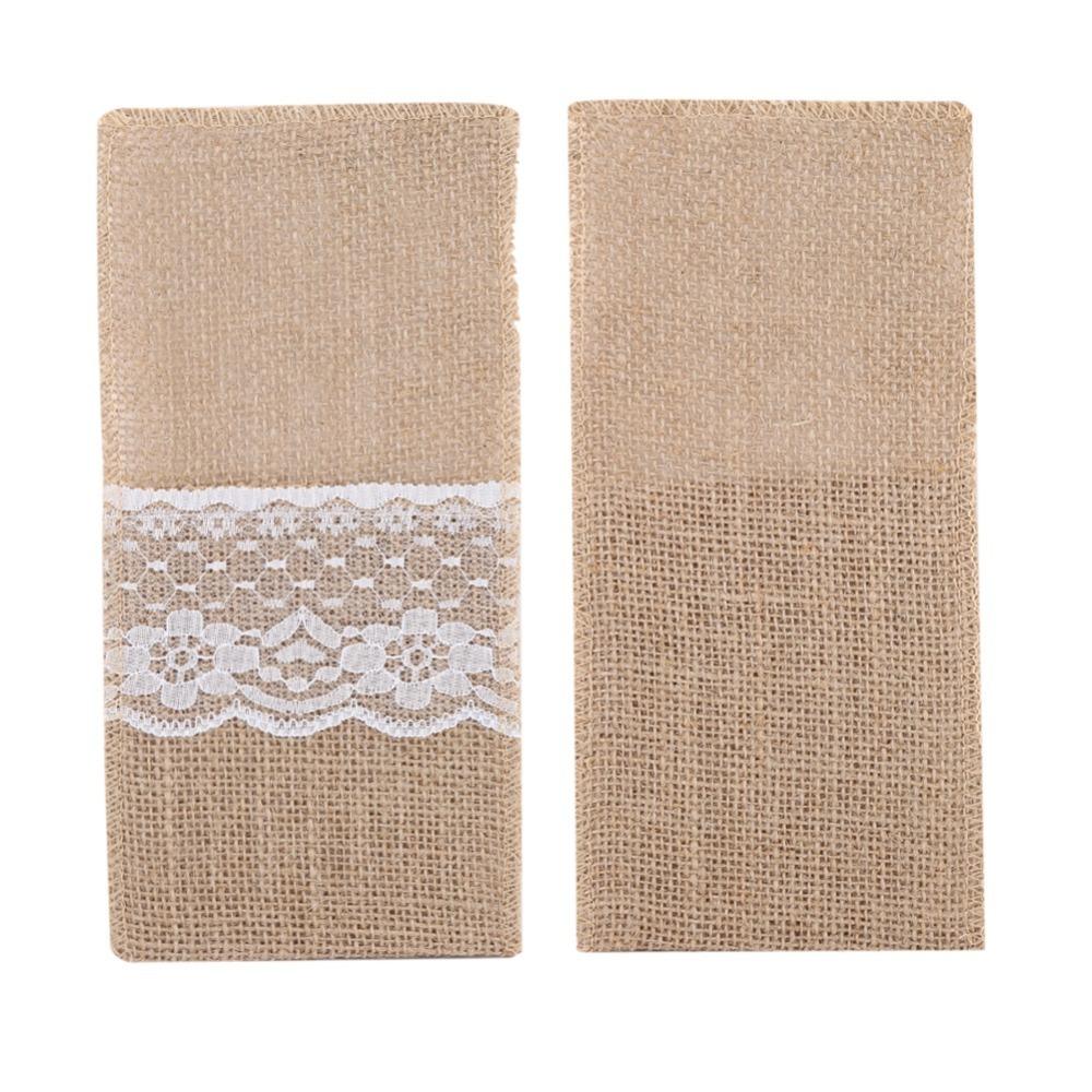10Pcs Burlap Tabbleware Holder Lace Silverware Bag Lightweight Napkin Bag  Wedding Party