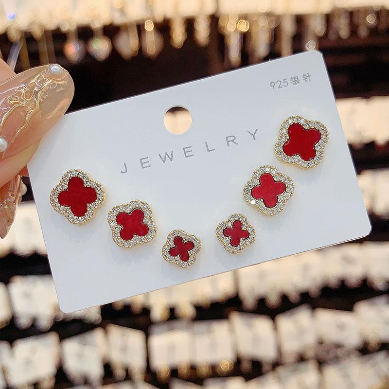 Auspicious Four-Leaf Clover Sterling Silver Stud Earrings Set for Women