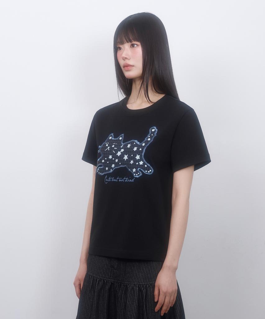 LMR Star Dot Cat Applique Short Sleeve T-Shirt Black