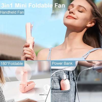 Tragbarer Mini-Handventilator, 3-in-1, wiederaufladbarer USB-Faltventilator, 2000 mAh, 3 Geschwindigkeiten einstellbar, Mini-Handventilator für unterwegs im Freien