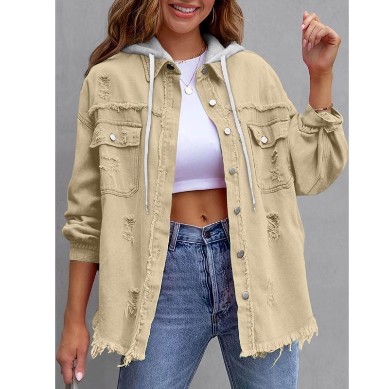Damska Jeansowa Kurtka z Kapturem Luźny Krój Oversize Streetwear Długi Rękaw Z Efektem Zniszczenia