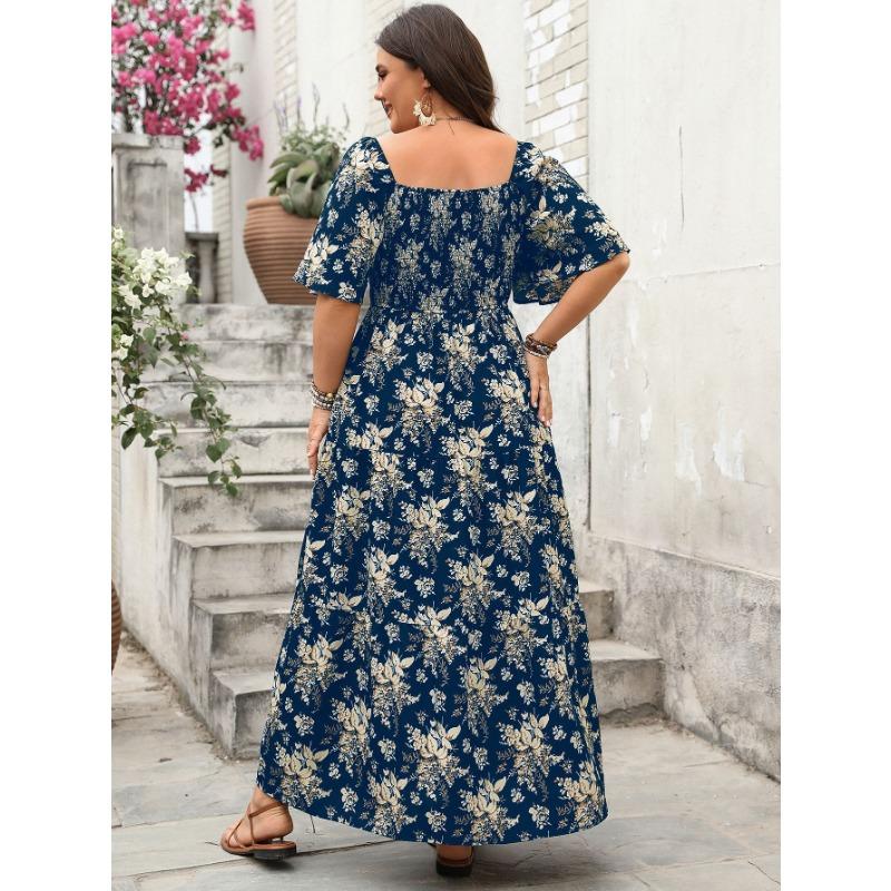 Maxi šaty plus size s vintage květinovým potiskem, čtvercovým výstřihem a krátkým rukávem