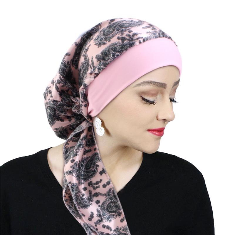 Women Satin Printed Turban Hat Stretch Wide-brimmed Nightcap Fashion Pre-tie Turban Wrap Head Cap Casual Durag Pirate Hat