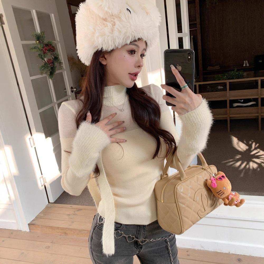 

Apricot perspective semi-turtleneck long-sleeved knitted sweater women s winter short elastic inner sweater one size fits all