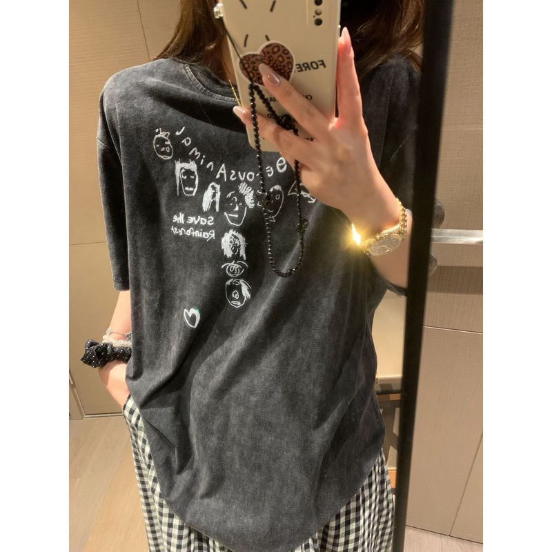 

[Banana Paipai] Summer Fun Childlike Cartoon Graffiti T-shirt Short Sleeve Loose Casual Tee Women s round Neck/Shoulder Crewneck-distressed black M