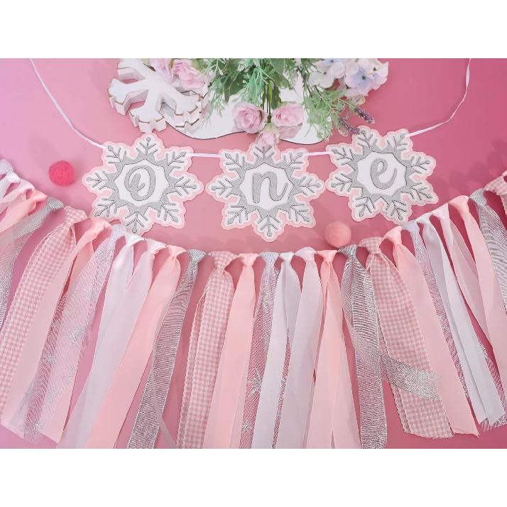 Pink Winter Onederland High Chair Banner – Winter Holiday 1st Birthday Decor, Pastel Pink and Silver Snowflake Highchair Tutu for Girl Cake Smash