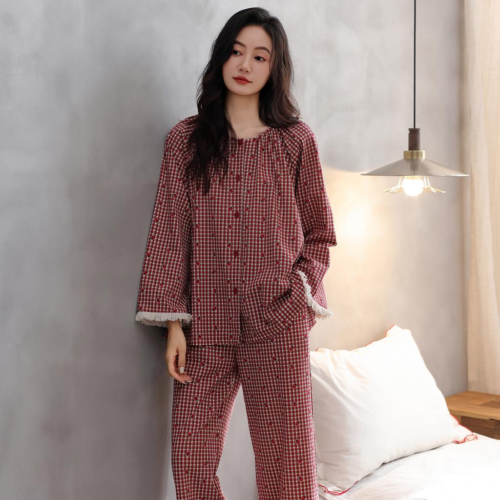 Pajamas women's spring and autumn pure cotton long-sleeved high-end elegant mother large-size loungewear autumn and winter plaid noble suit
