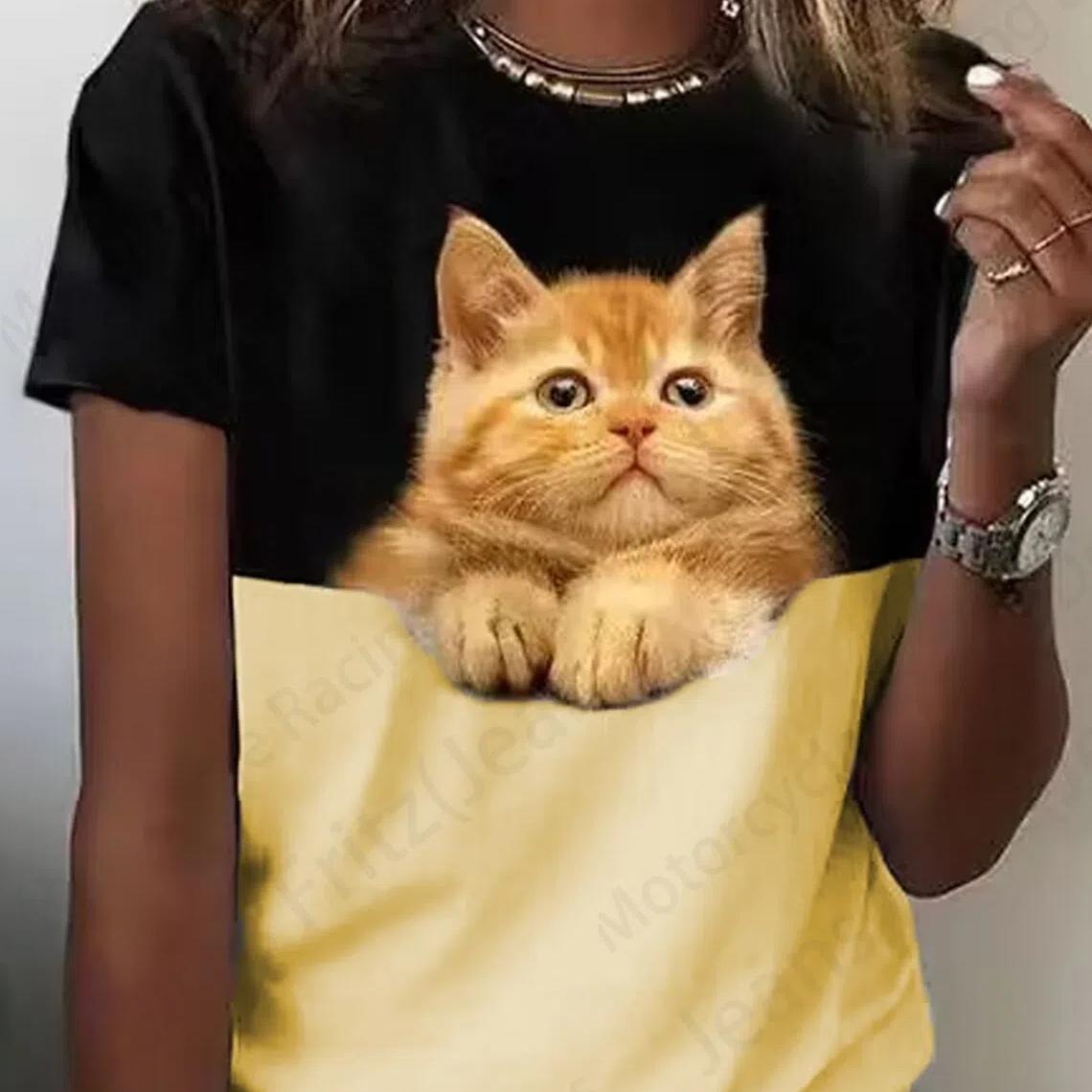 

Летняя женская футболка с 3d карманом и принтом кота, женская модная футболка с коротким рукавом и графическим рисунком, милые топы, футболки, забавная одежда XL