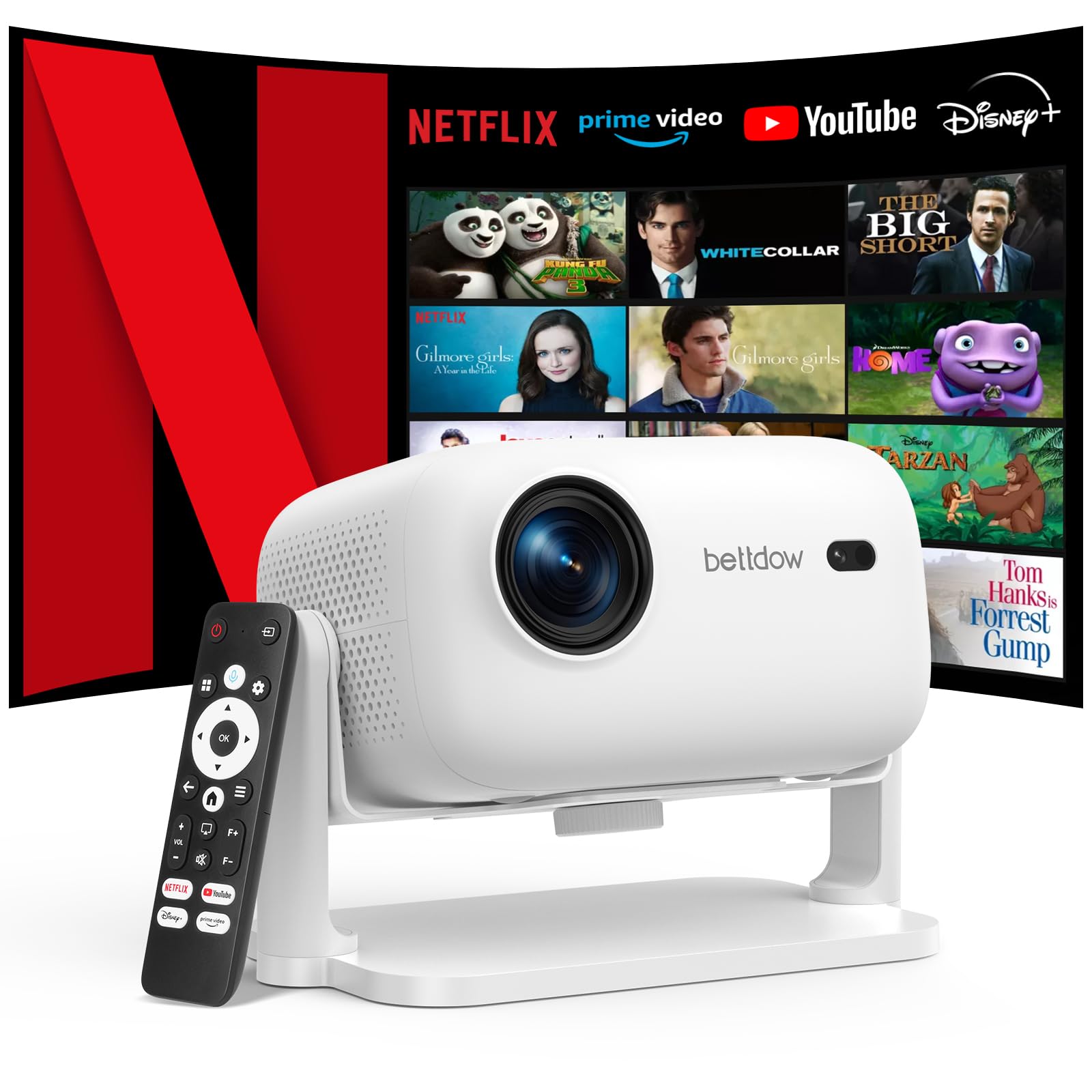 

Netflix Certified BETTDOW Projector for Home Use Fully Enclosed Dustproof Projector True 1080P 300ANSI Auto Focus Auto Keystone Correction Compatible білий