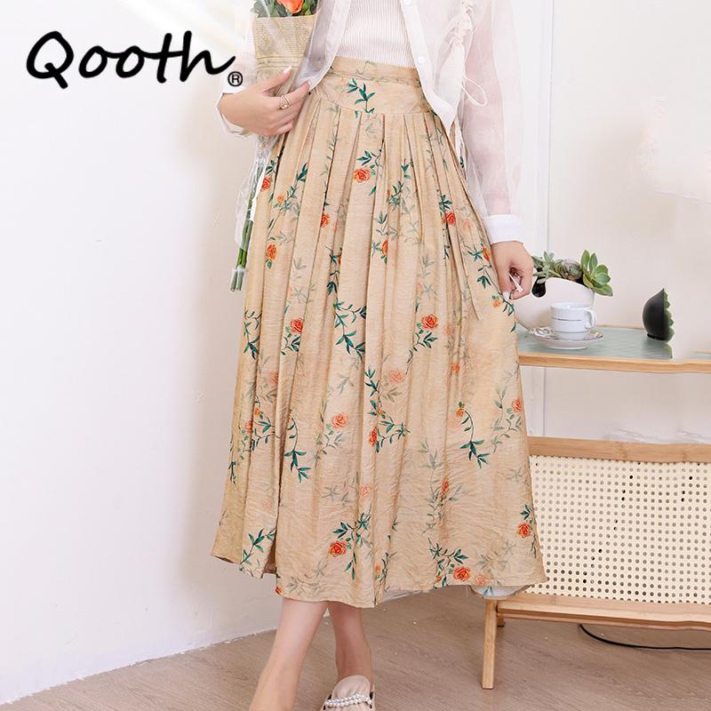 Qooth Hanfu waist wrap skirt  Cotton Linen Printed Pleated Skirt Elegant Vintage Skirt QT2187