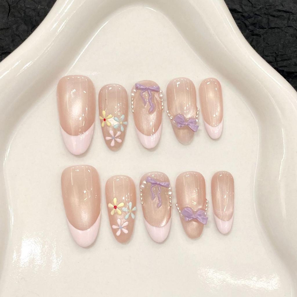 10pcs Handmade Press on Nails French Cat Eye Pink Bow Decor Korean False Nails Wearable Full Cover Ins Almond False Nail Tips