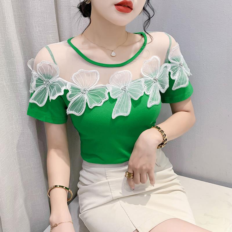 

2023 Summer Fashion Mesh Patchwork Rhinestone Flower Short Sleeve Women s T-Shirt XL зелений