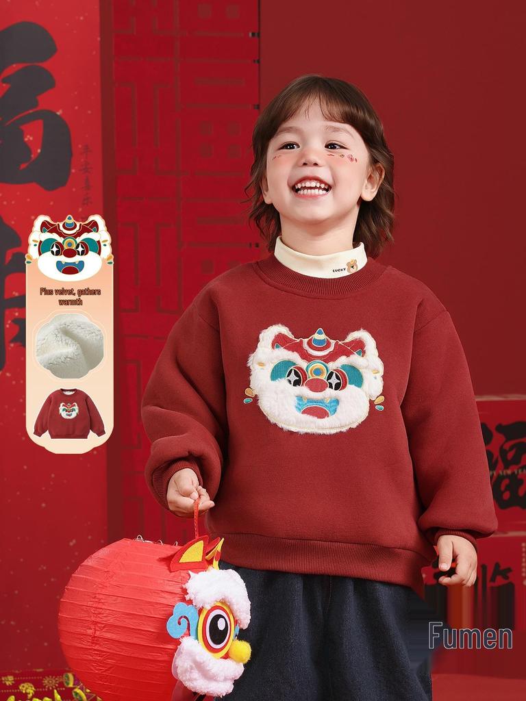 Europäisches Jungen-Sweatshirt mit rotem Fleece-Futter für Neujahr - Herbst Winter Kinderkleidung