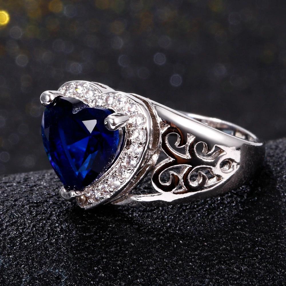 Anniversary Heart Ring,Blue Sapphire Center with Diamond-Cut Zircon Halo in Polished Silver,Bridal Jewelry Gift for Her