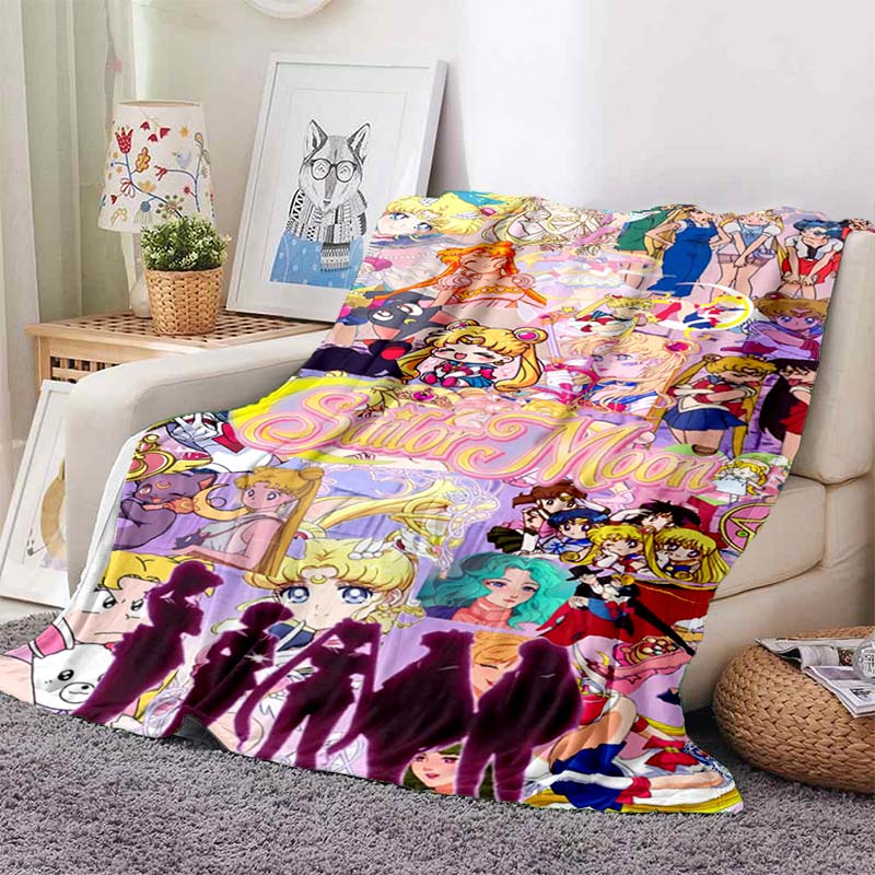 HD S-Sailor M-Moon Flannel Throw Blanket 3D Cartoon Print Soft Warm Lightweight Sofa Bed Cover Girls Bedroom Travel Decor Gift